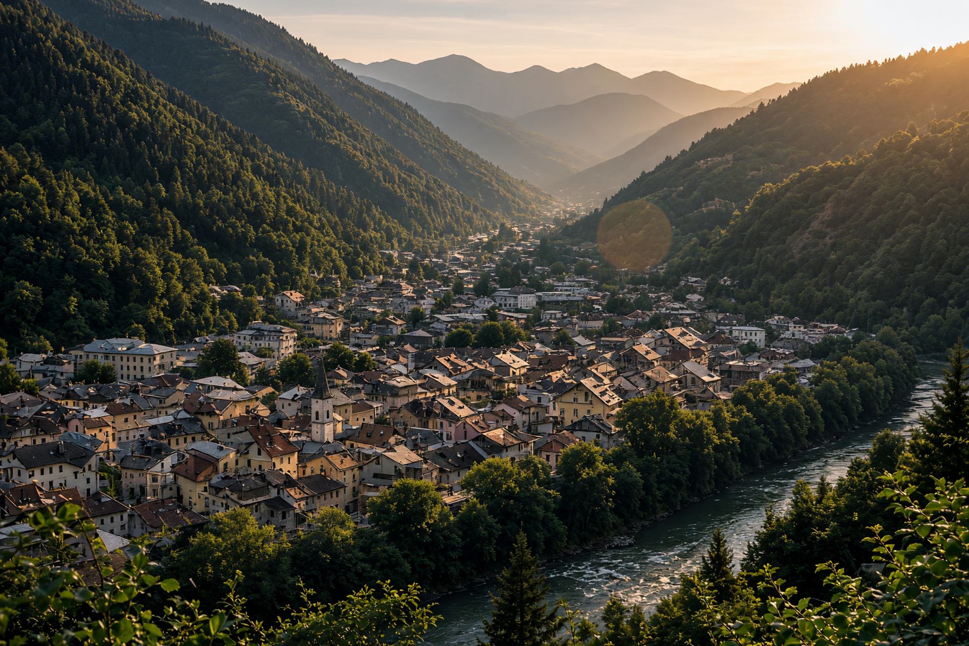 Ort im Alpental im Abendlicht